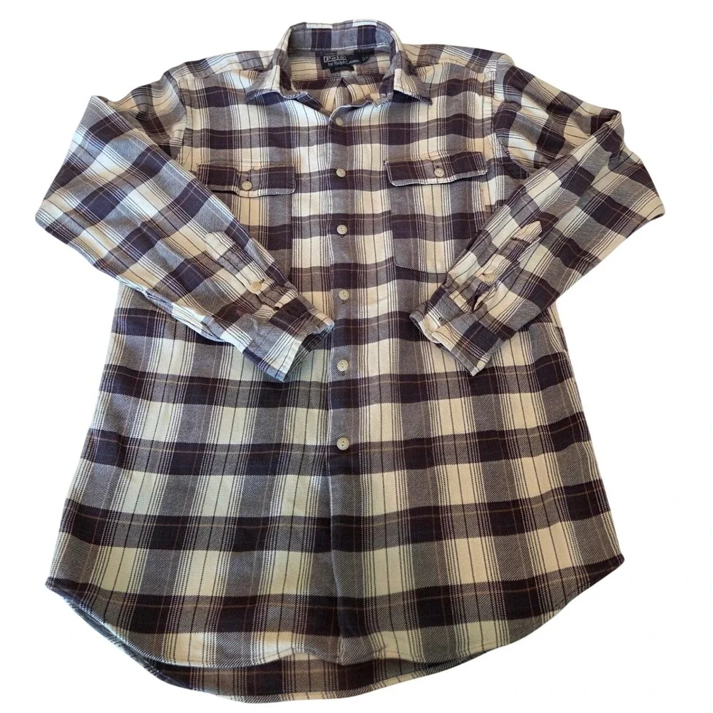 Polo Ralph Lauren Flannel Cotton Benford Plaid Relaxed Brown Cream Casual Medium
